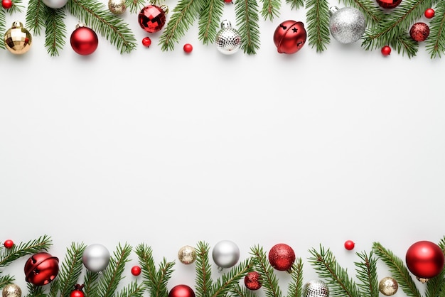 흰색 바탕에 크리스마스 테두리입니다. 초대 텍스트를 위한 복사 공간이 있는 평면도 및 평면도
