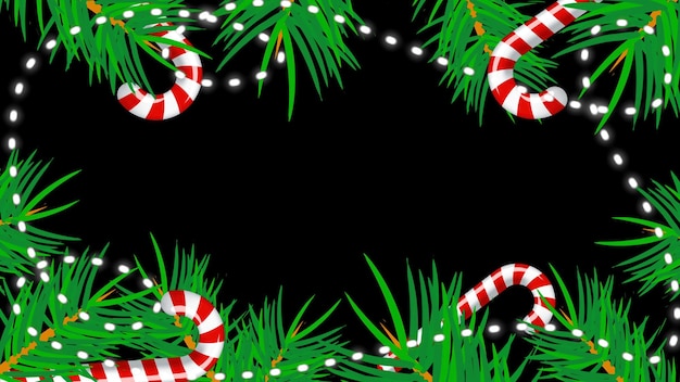 Christmas border with green fir branches shiny garland candies 3d rendering backdrop computer generated