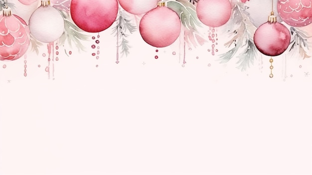 Photo christmas border with pink balls on white background watercolor christmas and new year