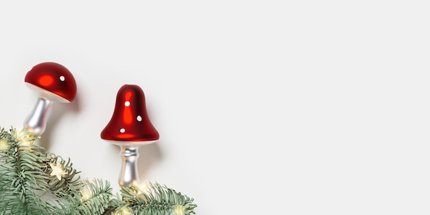 Christmas botanical ornaments fly agaric mushrooms with red cap and white dots