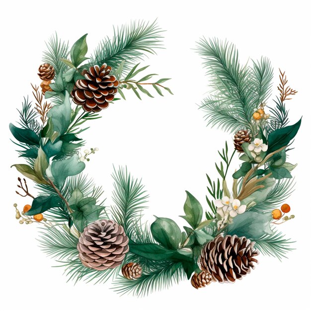 Christmas botanical wreathe floral border watercolor isolated illustration AI generative