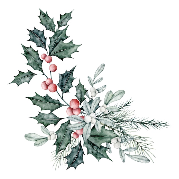 Photo christmas bouquet of ilex branches with red berries snowberry and spruce branch fir cedar botanical
