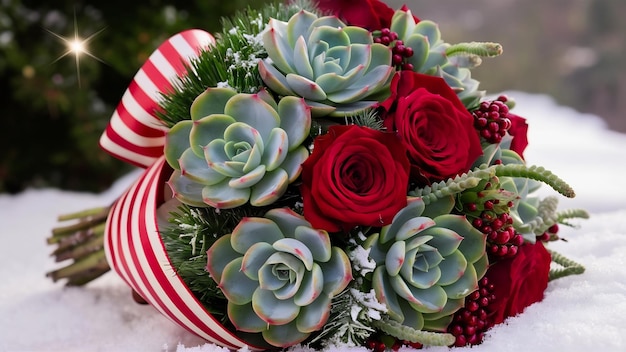 Photo christmas bouquet with suculentus and roses