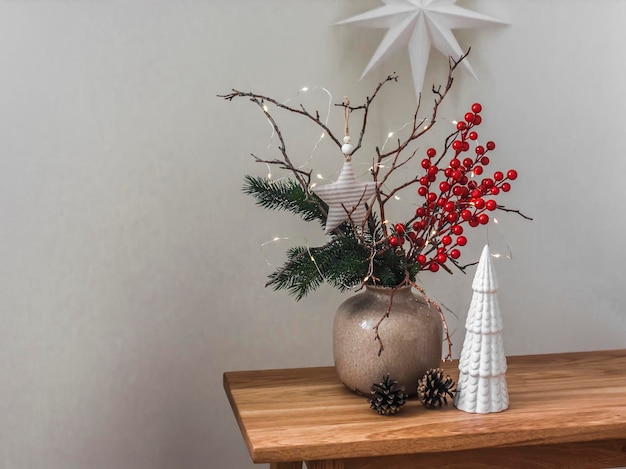 Christmas bouquet on a wooden table Christmas Interior decoration