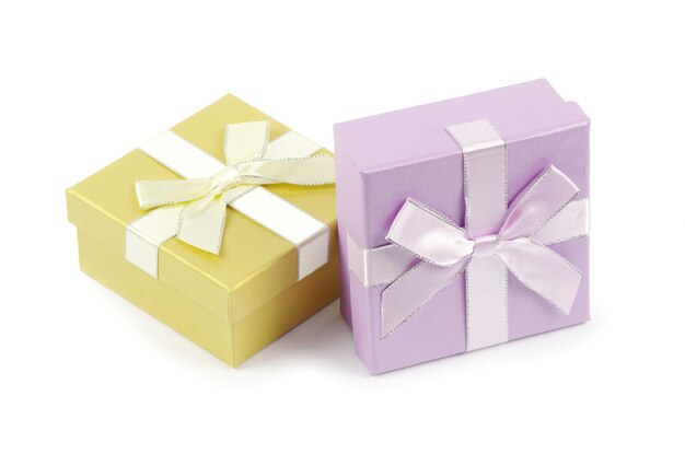 Christmas box gifts with satin bow isolated on white background