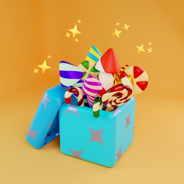 Christmas box with fireworks 3D illustration