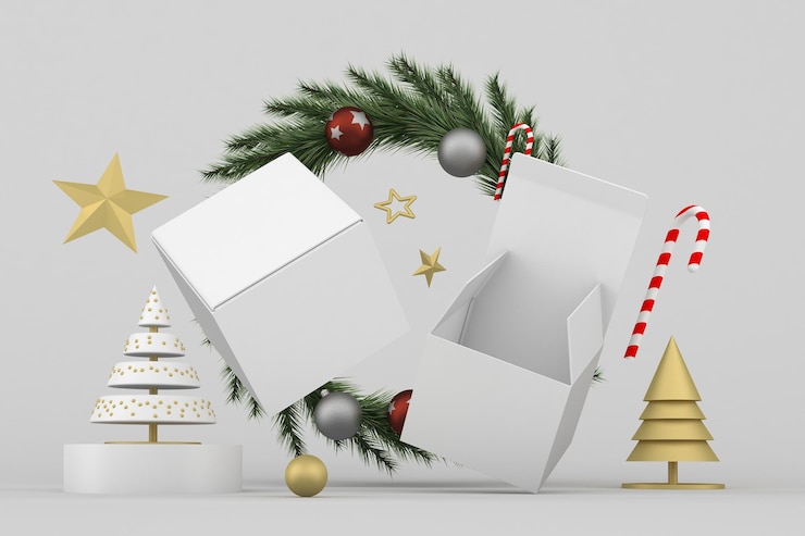 Photo christmas boxes floating in grey background