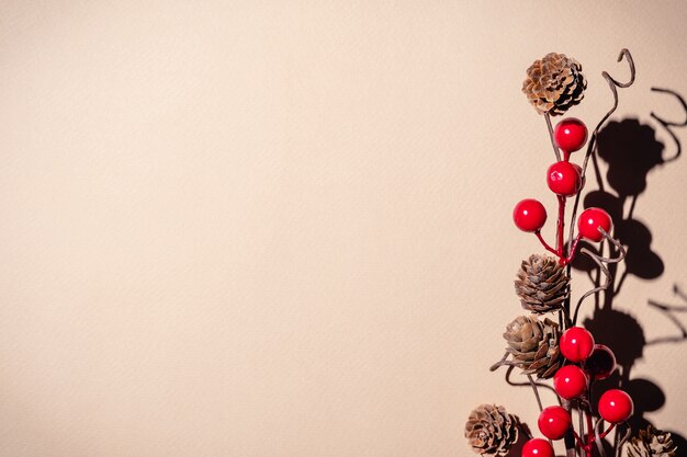 ベージュの背景に赤い果実とクリスマスの枝