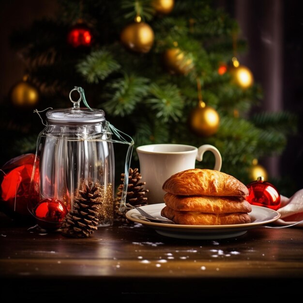 Рождественский завтрак, напиток, рождественская сцена, сосна и копия пространства