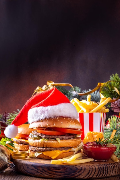 Photo christmas burger and french fries delivery menu