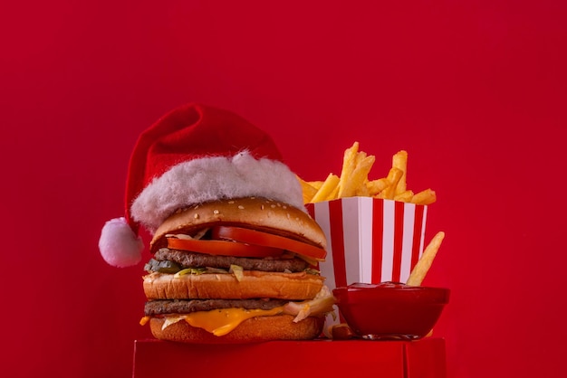 Foto menu di consegna di hamburger e patatine fritte di natale