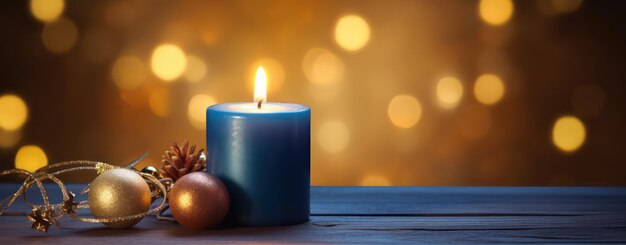 Christmas burning green candle ball and christmas decorations on wooden background