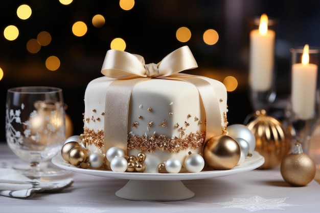 Christmas cake covered with white icing or chocolate against a background of bokeh lights