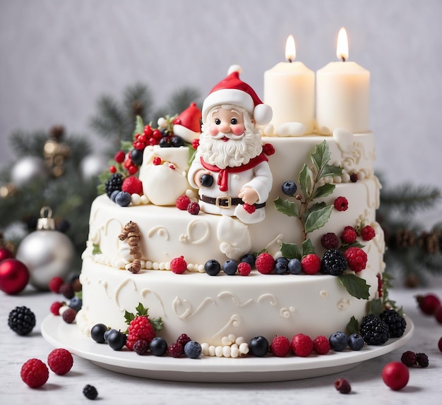 Christmas cake decorated with berries and Santa Claus on a white background