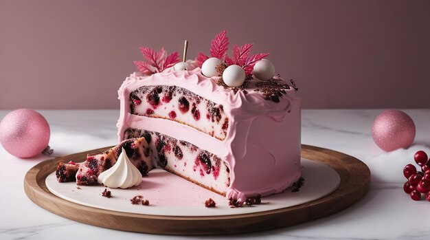 Christmas cake decorated with Christmas balls Christmas sweets cut trendy color pink shades