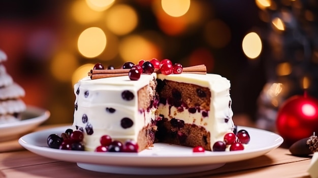 Christmas cake holiday recipe and home baking pudding with creamy icing for cosy winter holidays tea in the English country cottage homemade food and cooking