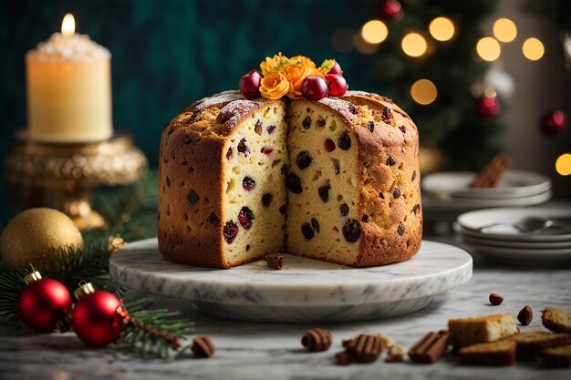 Christmas cake panettone on marble background