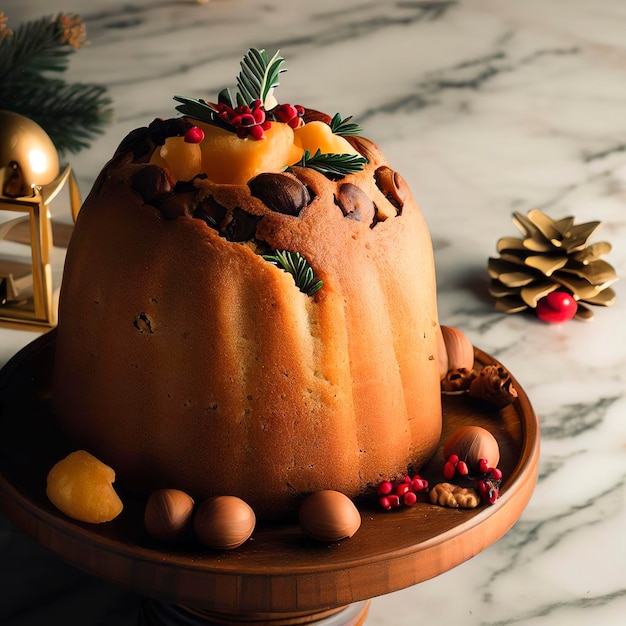 Christmas cake panettone on marble background