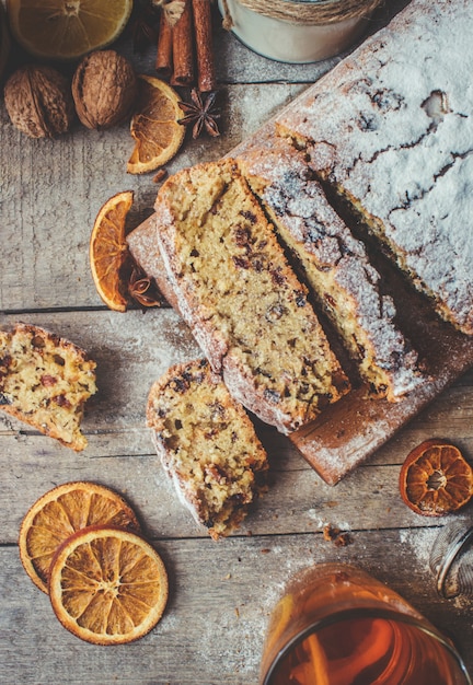 Christmas cake. Selective focus. Food and drink.