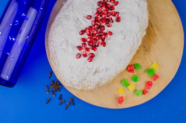 Christmas cake stolen with pomegranate  . Holiday sweets.