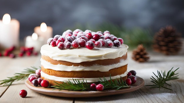 Christmas cake with cranberries and cream on a wooden background selective focus generative ai
