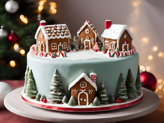 Christmas cake with gingerbread houses Generative AI