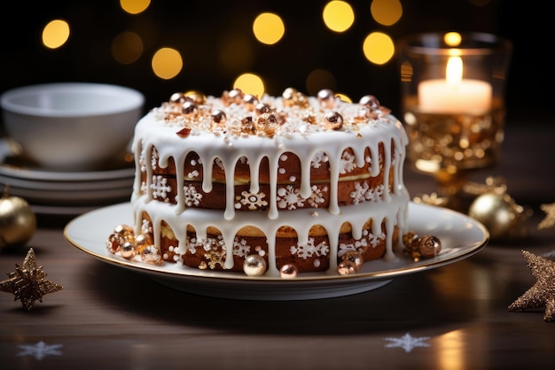 Christmas cake with icing on a background of bokeh lights