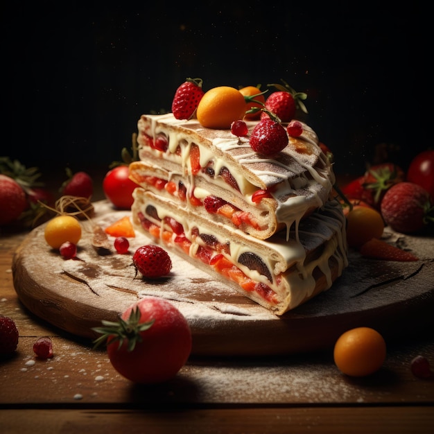 Christmas cake with raisins and berries on a dark background
