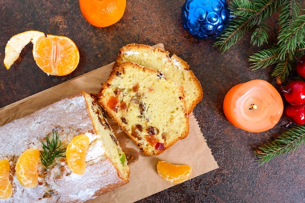 Christmas cake with tangerines top view