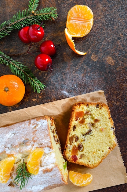 Christmas cake with tangerines top view