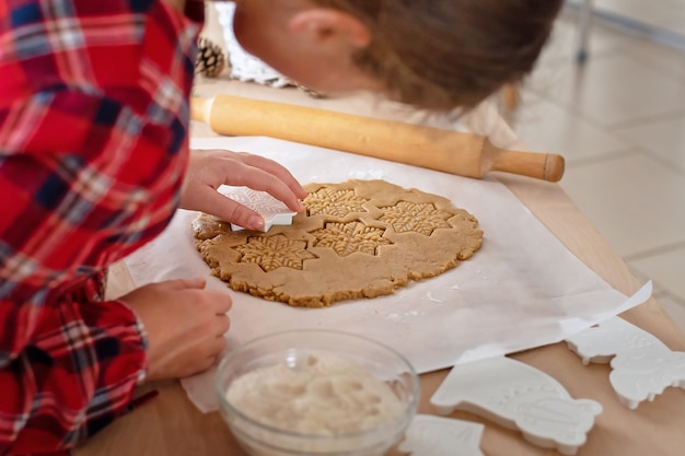 写真 クリスマスケーキ。女の子はジンジャーブレッドを作ります。手のディテール。