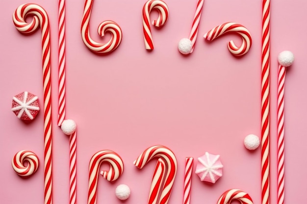 Фото Рождественские конфеты рамка тростник с красными и белыми полосами на розовом фоне сверху вниз копировать пространство