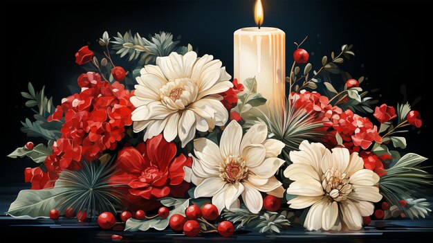 Christmas candle arrangement with flowers new year and advent concept christmas card