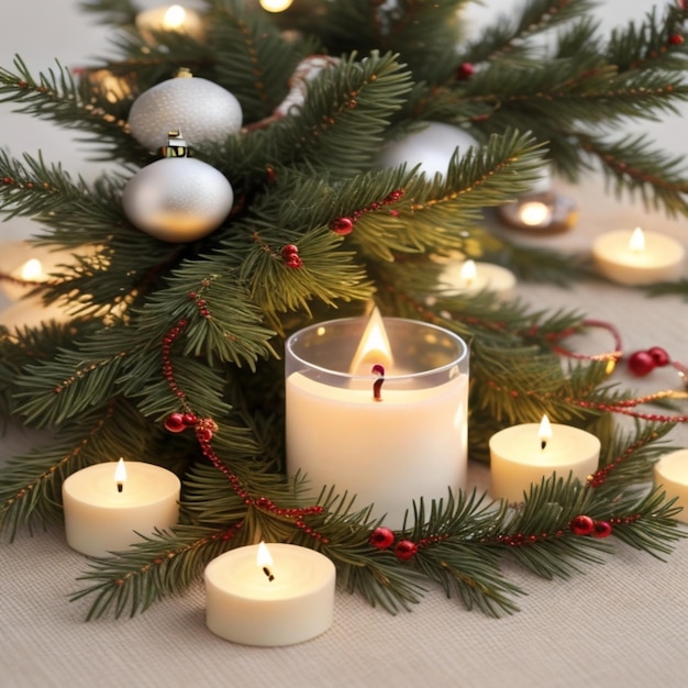 Christmas candle and baubles on blurred Chtistmas lights background Frame border