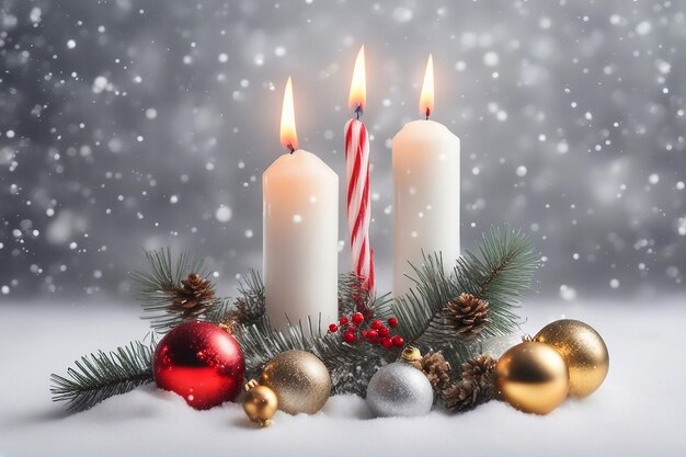 Photo christmas candle christmas balls candy canes and pine branches with snowfall