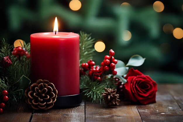 Christmas Candle and Decorations on a Wooden Table with Gifts