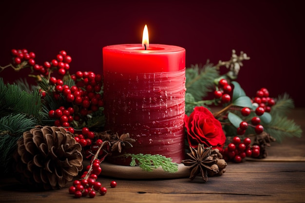 Christmas Candle and Decorations on a Wooden Table with Gifts