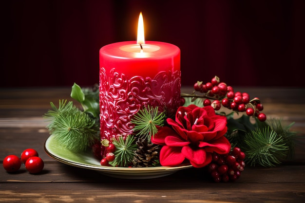 Christmas Candle and Decorations on a Wooden Table