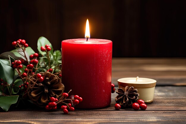 Christmas Candle and Decorations on a Wooden Table