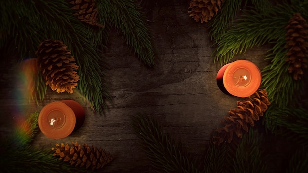 Рождественская свеча и зеленые ветви дерева на деревянной предпосылке. Роскошная и элегантная трехмерная иллюстрация в динамичном стиле для зимнего отдыха