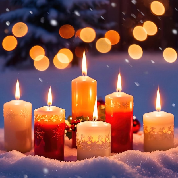 Photo christmas candles burning outdoors in the snow traditional seasonal cultural festivities