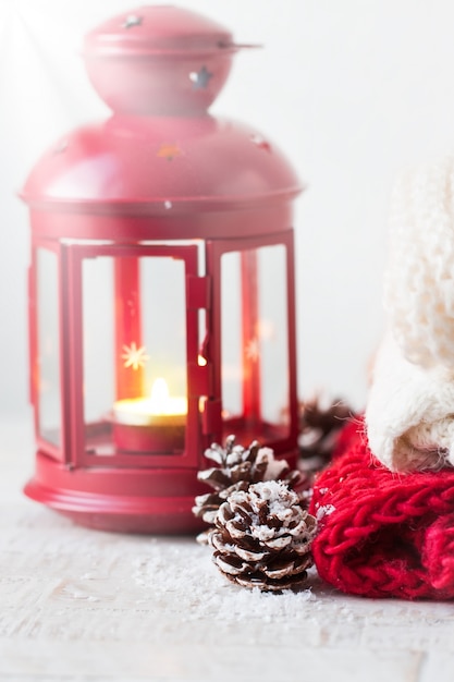 Christmas candles with christmas decorations, christmas or new year atmosphere, selective focus, horizontal