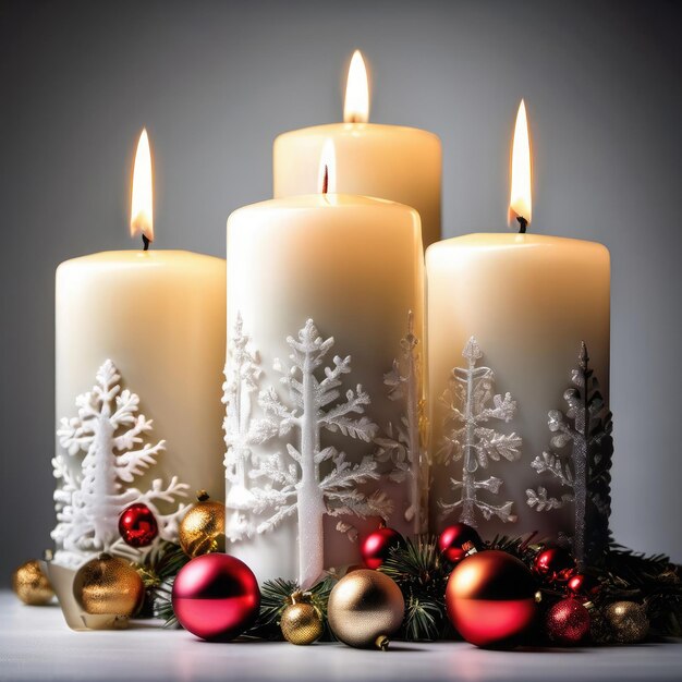 Christmas candles with decoration on a gray background