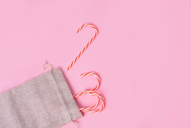 Christmas candy canes in jute bag