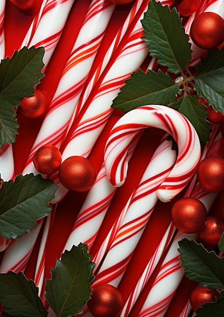 Christmas candy canes with holly leaves and red baubles