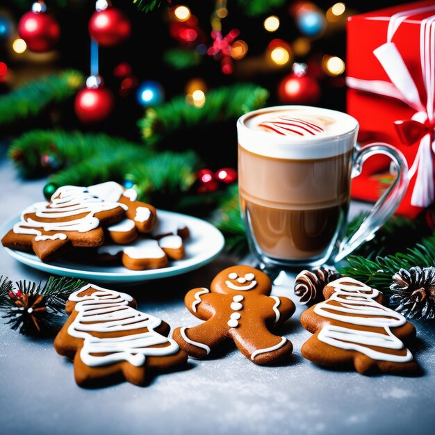 크리스마스 나무 앞에 크리스마스 사탕과 카푸치노와 진저브레드 쿠키