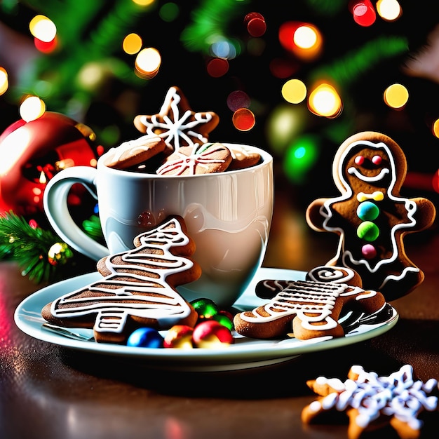 Christmas candy and cappuccino and gingerbread cookies in front christmas tree