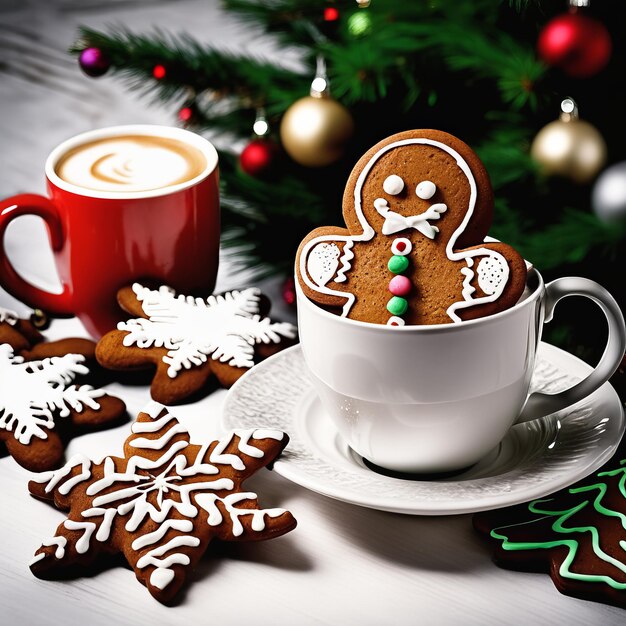 Foto caramelle di natale e cappuccino e biscotti di pan di zenzero davanti all'albero di natale