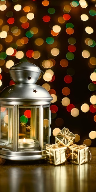 Фото Рождественская открытка фонарь со свечами, яркие блестящие коробки с подарками и размытыми огнями
