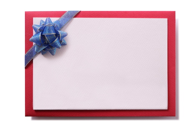 Photo christmas card blue bow red envelope border